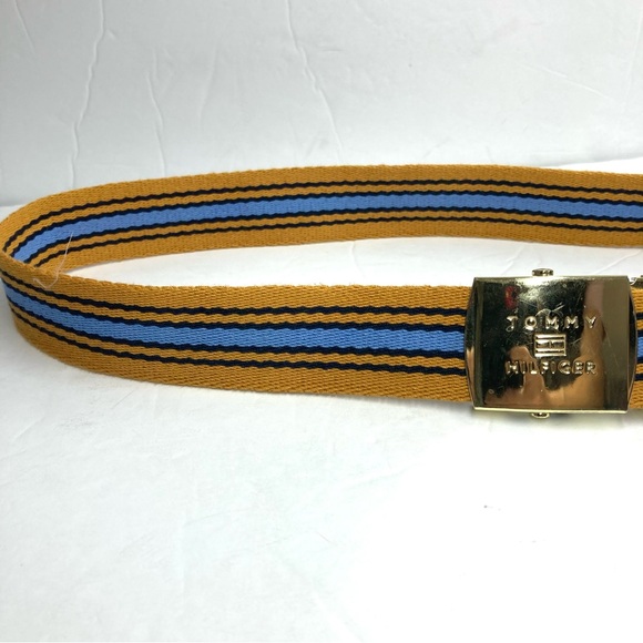 Tommy Hilfiger Canvas Ratchet Gold Buckle Belt yellow Blue Striped Ajustable - Picture 7 of 16
